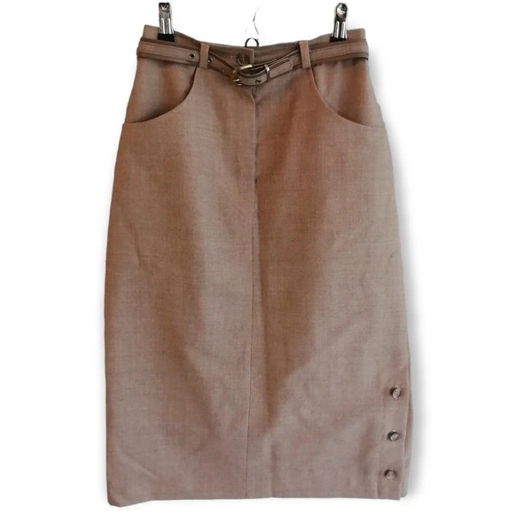 Vintage Newport Pure Virgin Wool Camel Tan Midi Skirt with Belt and Pockets XS - Picture 16 of 16